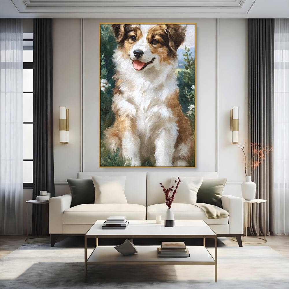 Tablou canvas cu tablou canvas cu catel prietenos in gradina, in rama de aluminiu auriu, pe perete intr-un living